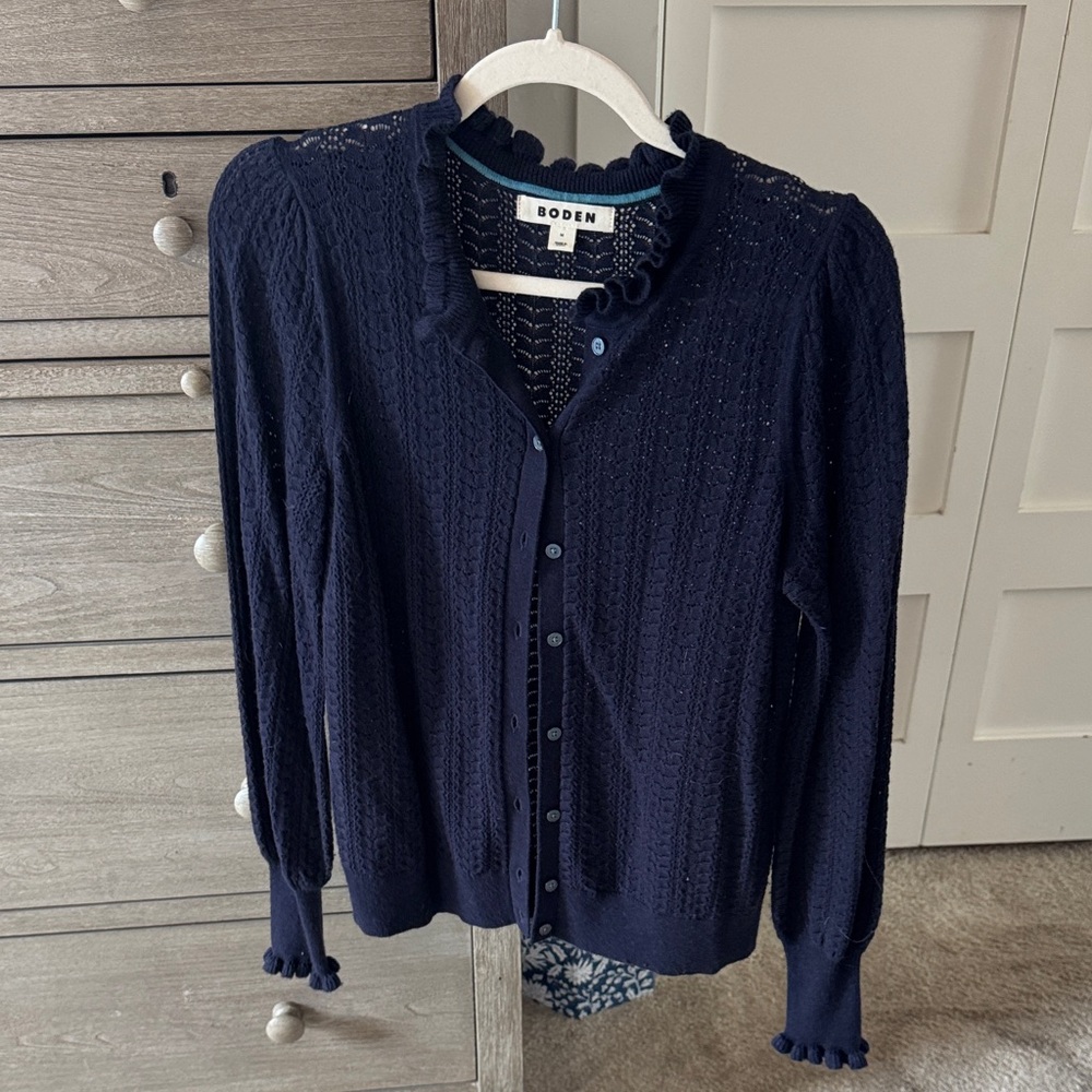 Boden Women's Pointelle Navy Ruffle Collar Sweater
